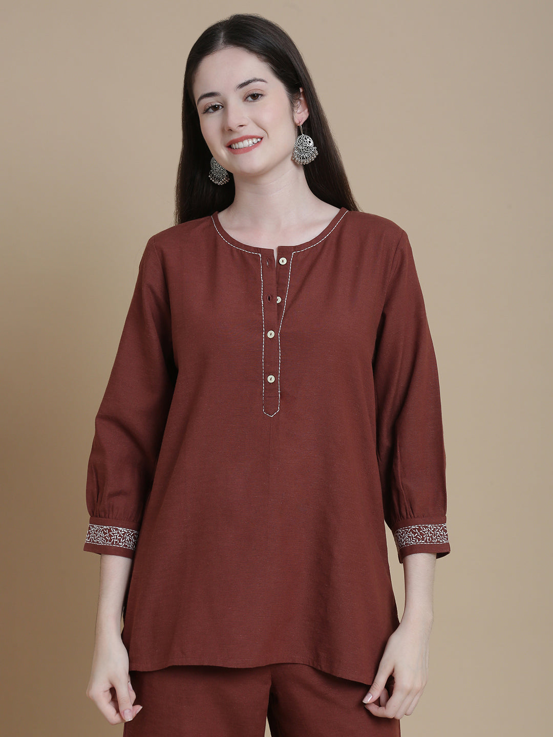 De Moza Women Woven Rayon Kurti Brown - De Moza