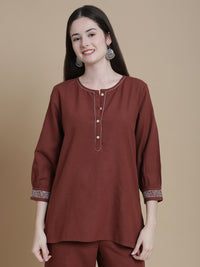 De Moza Women Woven Rayon Kurti Brown - De Moza