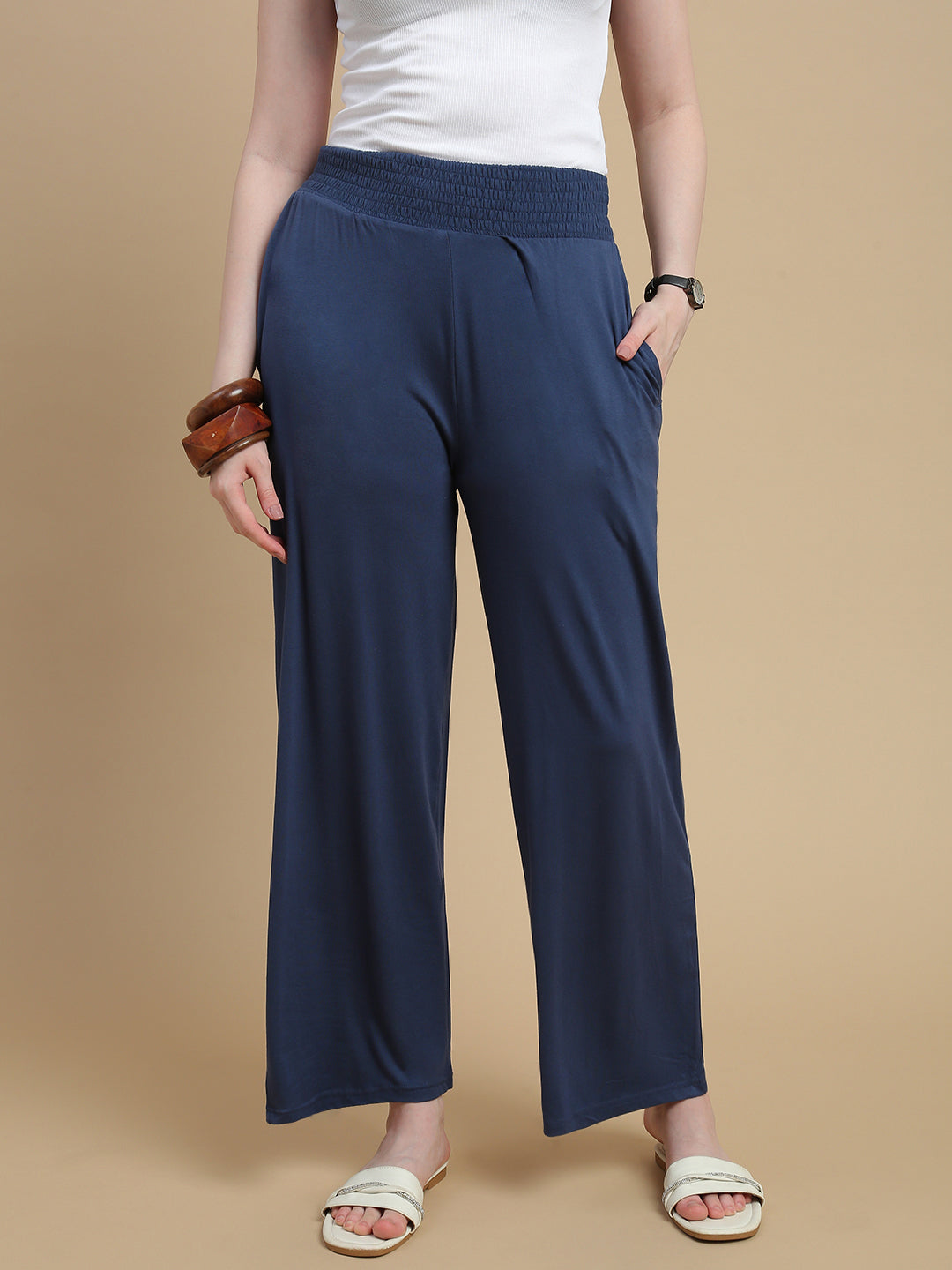 De Moza Women Knitted Viscose Stretch Regular Fit Flared Pant with Functional Pockets Navy Blue - De Moza