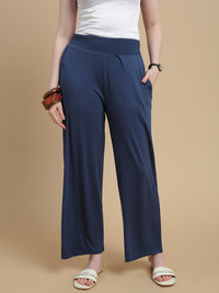 De Moza Women Knitted Viscose Stretch Regular Fit Flared Pant with Functional Pockets Navy Blue - De Moza