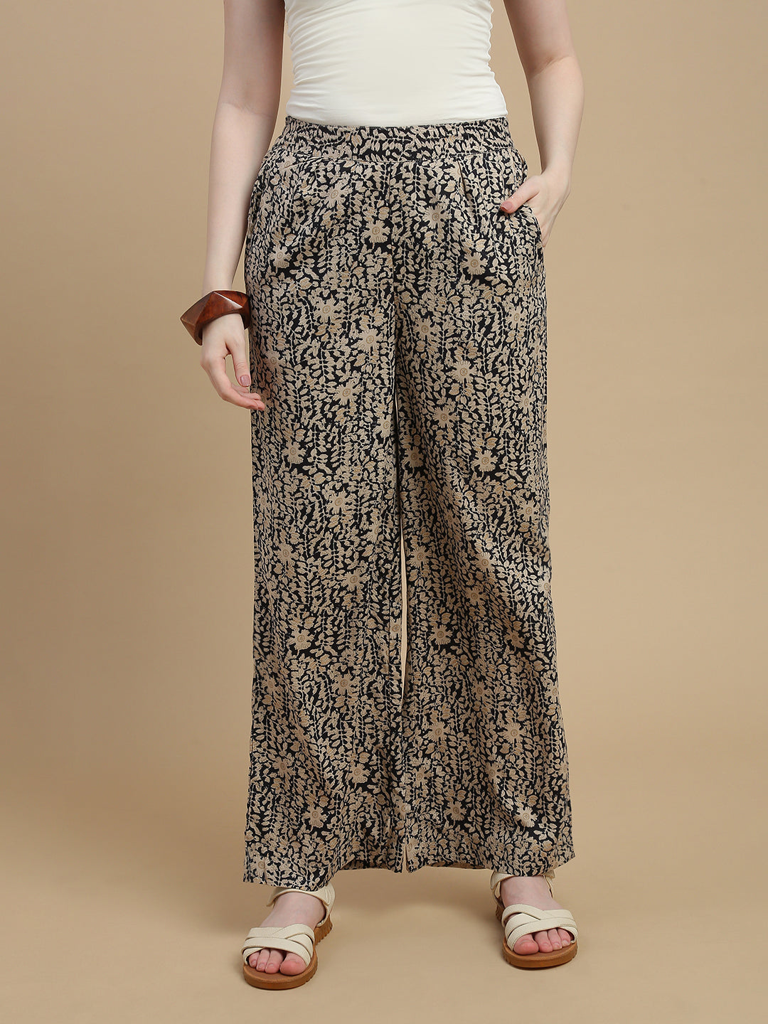 De Moza Women Woven Rayon Regular Fit Printed Straight Palazzo Pant with Functional Pockets Black - De Moza