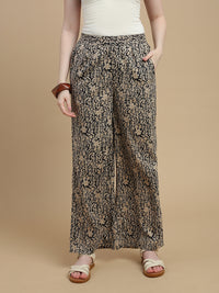 De Moza Women Woven Rayon Regular Fit Printed Straight Palazzo Pant with Functional Pockets Black - De Moza