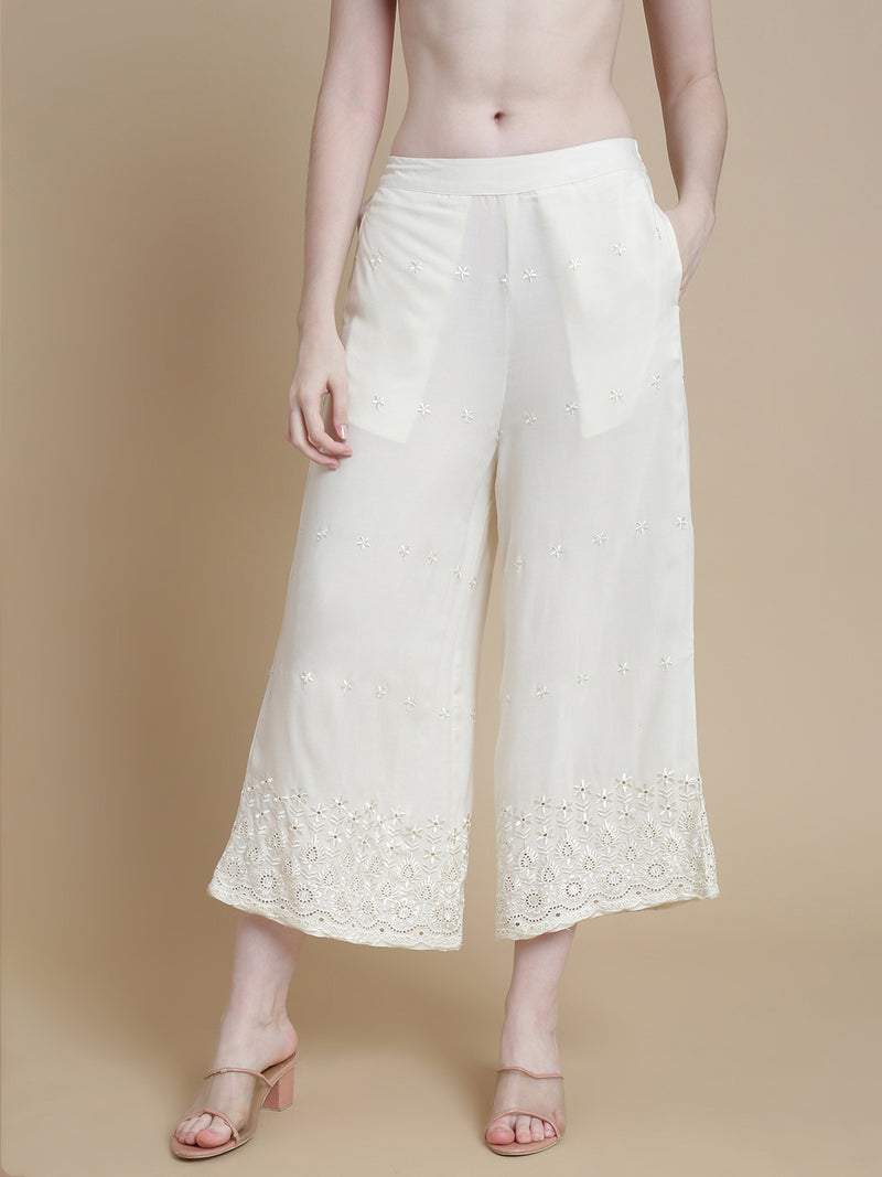 De Moza Women Woven Viscose Narrow Palazzo Schiffly with Functional Pockets White - De Moza