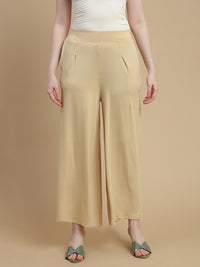 De Moza Women Knitted Viscose Stretch Large Pleated Palazzo Pant with Functional Pockets Light Beige - De Moza