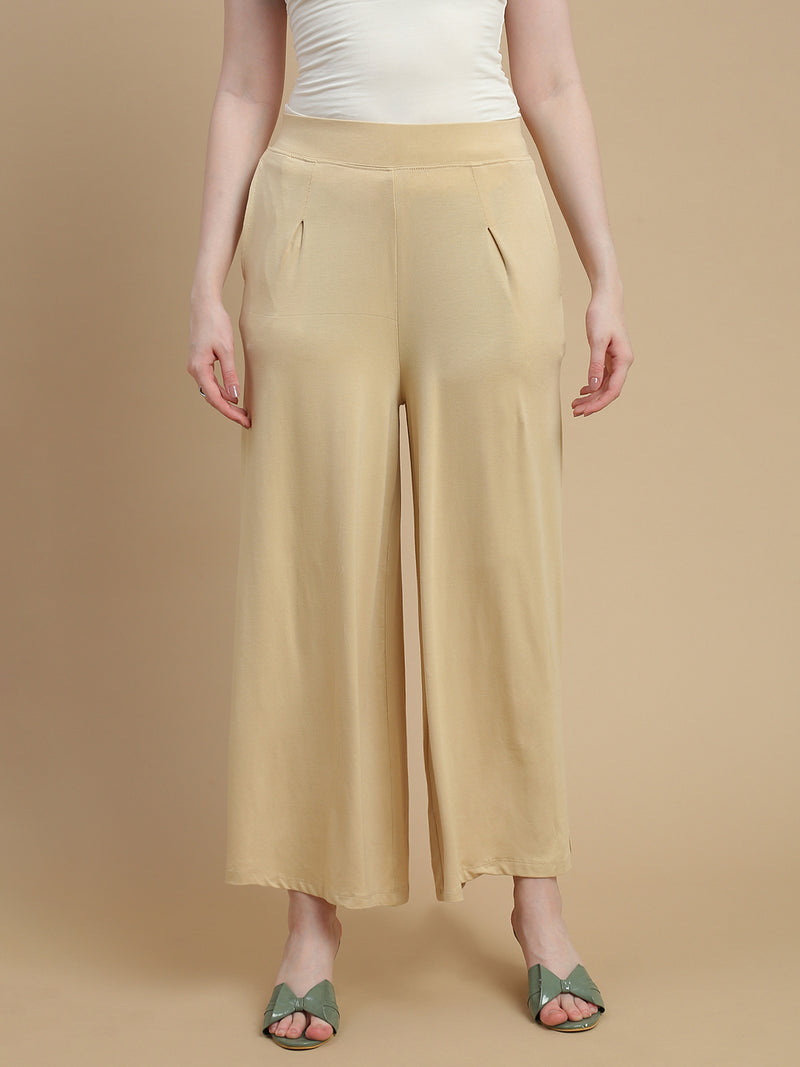 De Moza Women Knitted Viscose Stretch Large Pleated Palazzo Pant with Functional Pockets Light Beige - De Moza