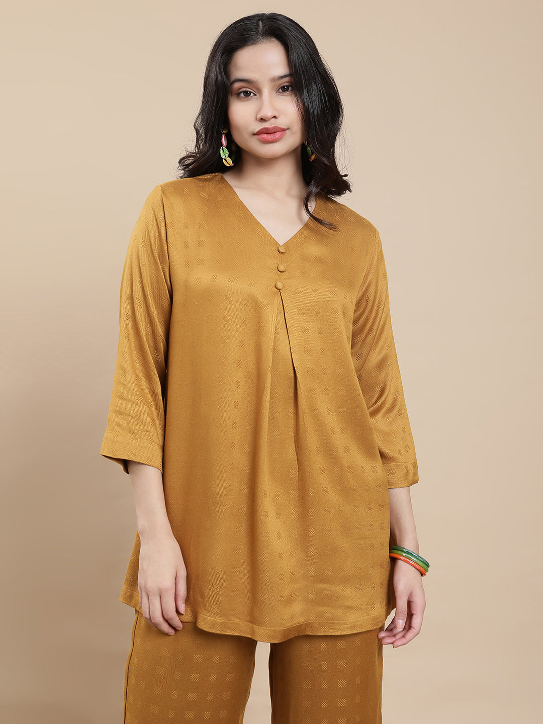 De Moza Women Co-ords with Pack of Top & Palazzo Dark Mustard