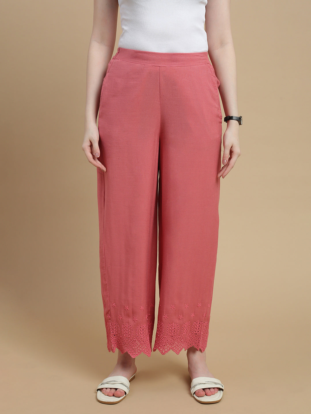 De Moza Women Woven Viscose Flex Regular Fit Schiffly Narrow Palazzo Pant with Functional Pockets Peach - De Moza