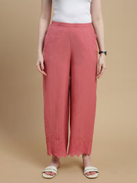 De Moza Women Woven Viscose Flex Regular Fit Schiffly Narrow Palazzo Pant with Functional Pockets Peach - De Moza