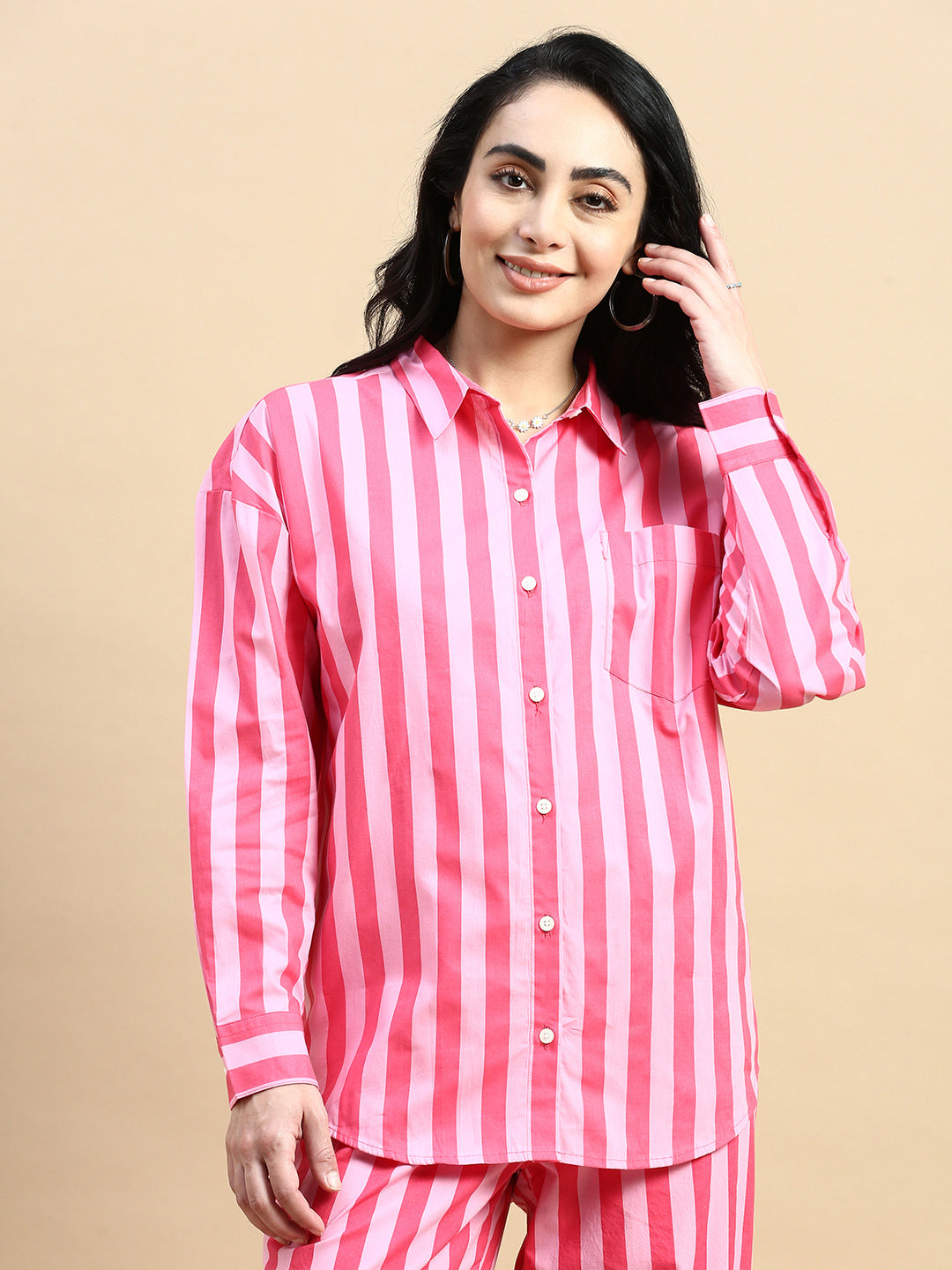 Co-Ord Set Striped (Shirt & Wide Leg Pant)-Pink - De Moza