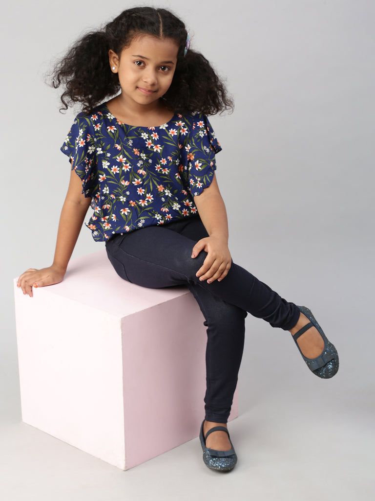 De Moza Girls Top Woven Top All Over Print Rayon Dark Blue - De Moza