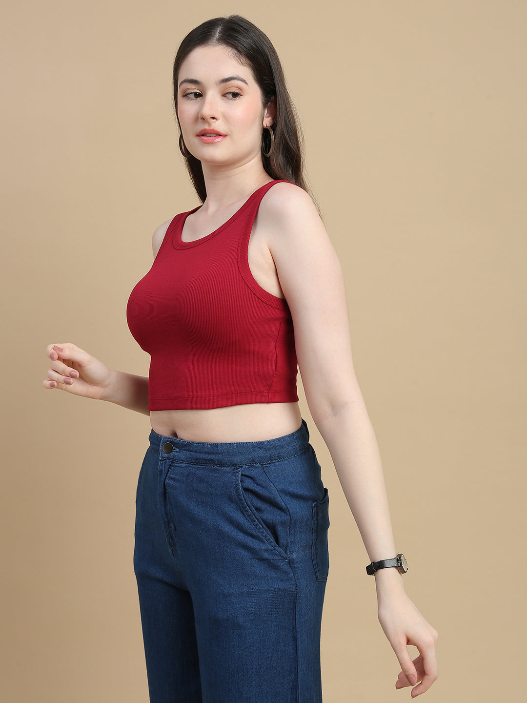 De Moza Women Knitted Cotton Rib Fitted Sleeveless Top with Round Neck Burgundy - De Moza