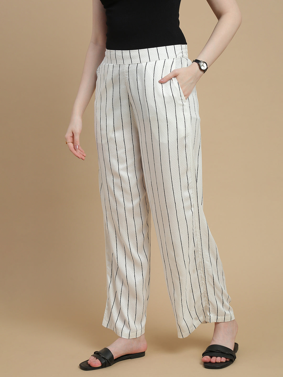 De Moza Women Woven Rayon Dobby Loose Fit Printed Straight Palazzo Pant with Functional Pockets Offwhite - De Moza