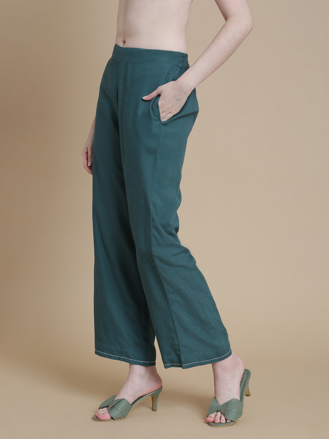 De Moza Women Woven Rayon Narrow Palazzo with Functional Pockets Teal - De Moza