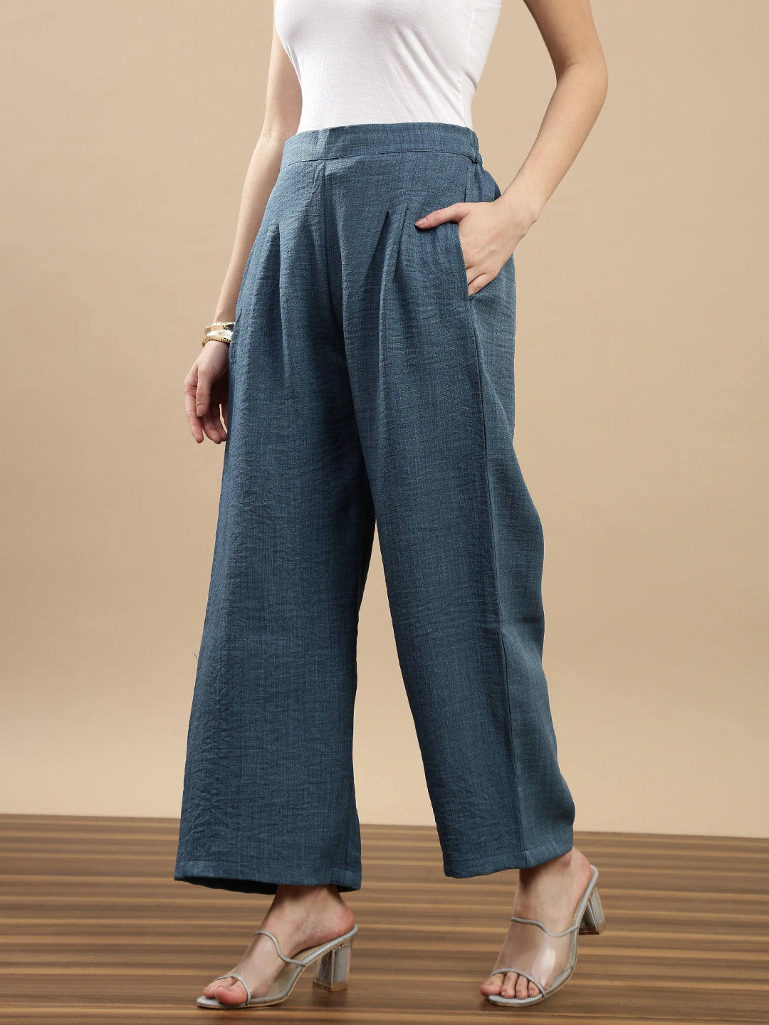 De Moza Women Casual Palazzo Teal Blue
