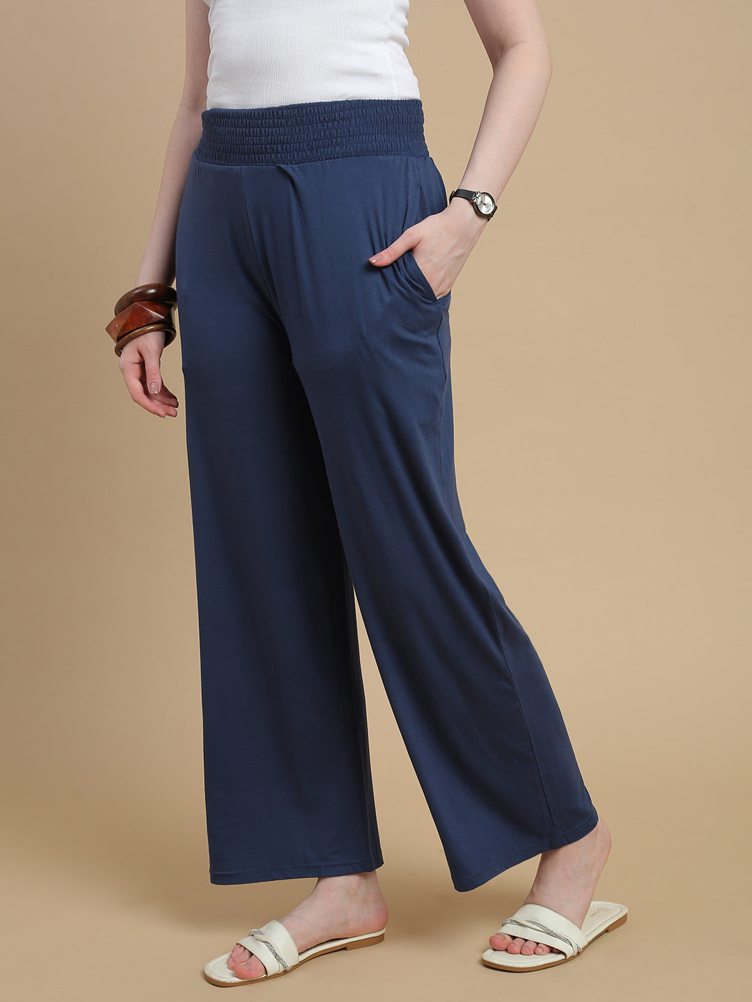 De Moza Women Knitted Viscose Stretch Regular Fit Flared Pant with Functional Pockets Navy Blue - De Moza