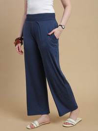 De Moza Women Knitted Viscose Stretch Regular Fit Flared Pant with Functional Pockets Navy Blue - De Moza