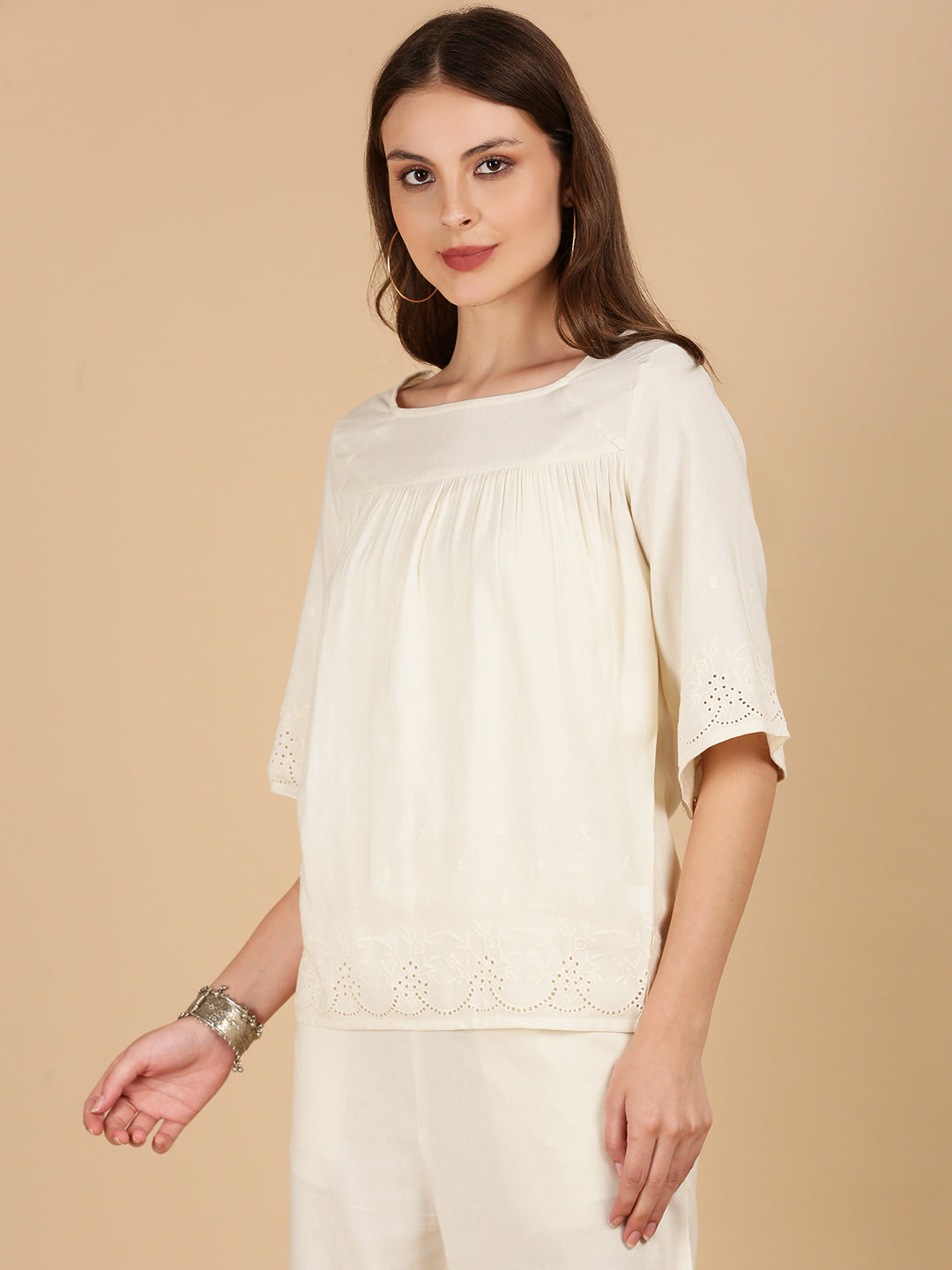 De Moza Women Woven Rayon Boxy Fit Top Natural