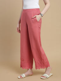 De Moza Women Woven Viscose Flex Regular Fit Schiffly Narrow Palazzo Pant with Functional Pockets Peach - De Moza