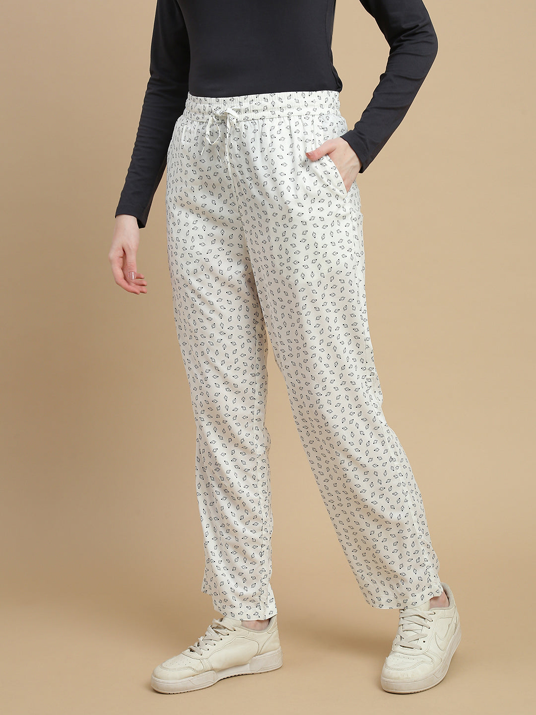 De Moza Women Woven Rayon Straight Fit Printed Straight Pant with Functional Pockets Offwhite - De Moza
