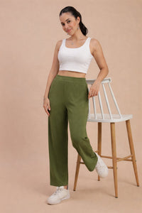 De Moza Women Knitted Viscose Stretch Slim Fit Palazzo Pant with Functional Pocket Olive Green - De Moza