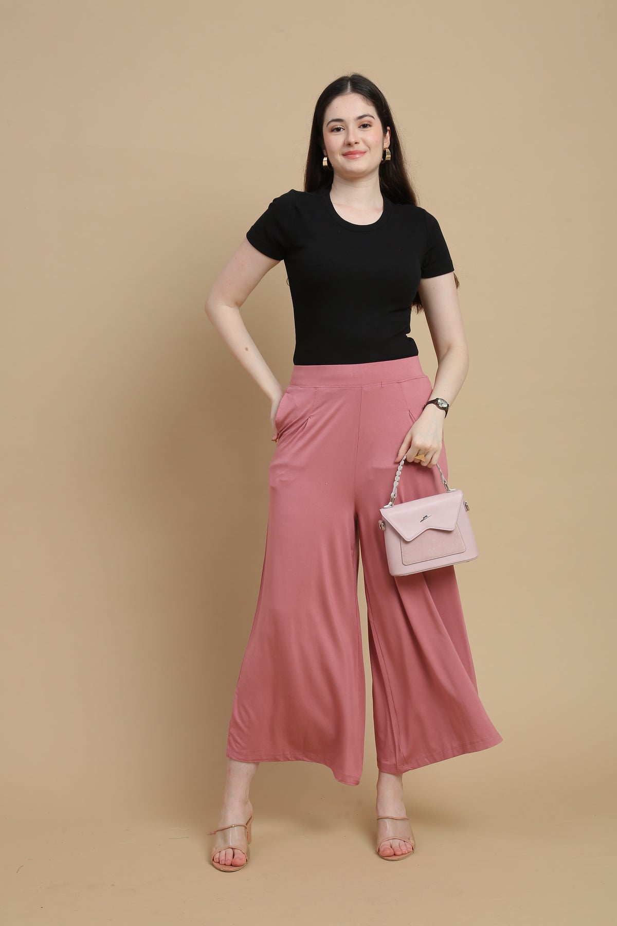 De Moza Women Knitted Viscose Stretch Large Pleated Palazzo Pant with Functional Pockets Dusty Pink - De Moza