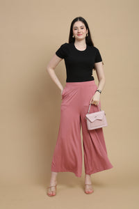De Moza Women Knitted Viscose Stretch Large Pleated Palazzo Pant with Functional Pockets Dusty Pink - De Moza
