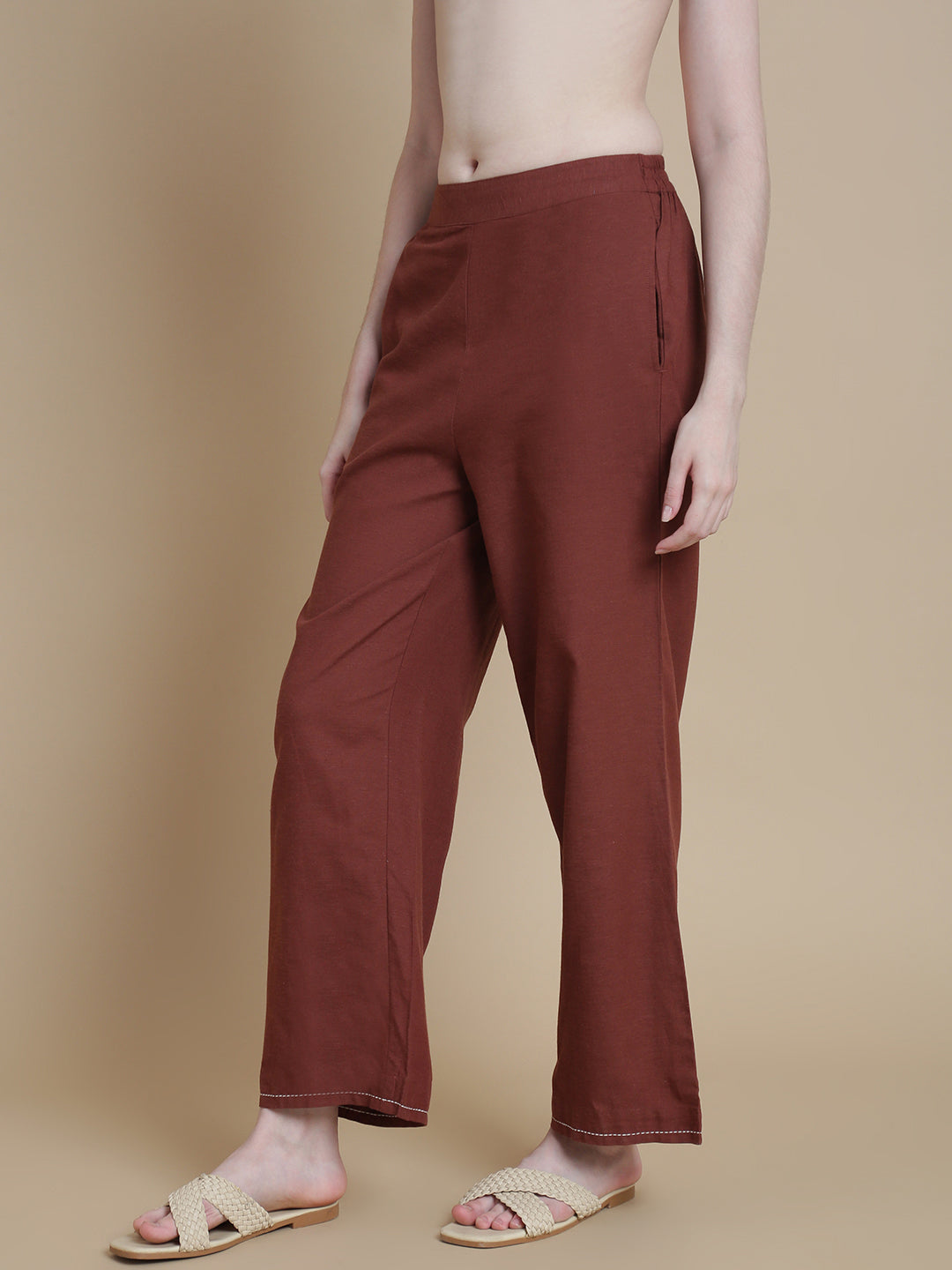 De Moza Women Woven Rayon Narrow Palazzo with Functional Pockets Brown - De Moza