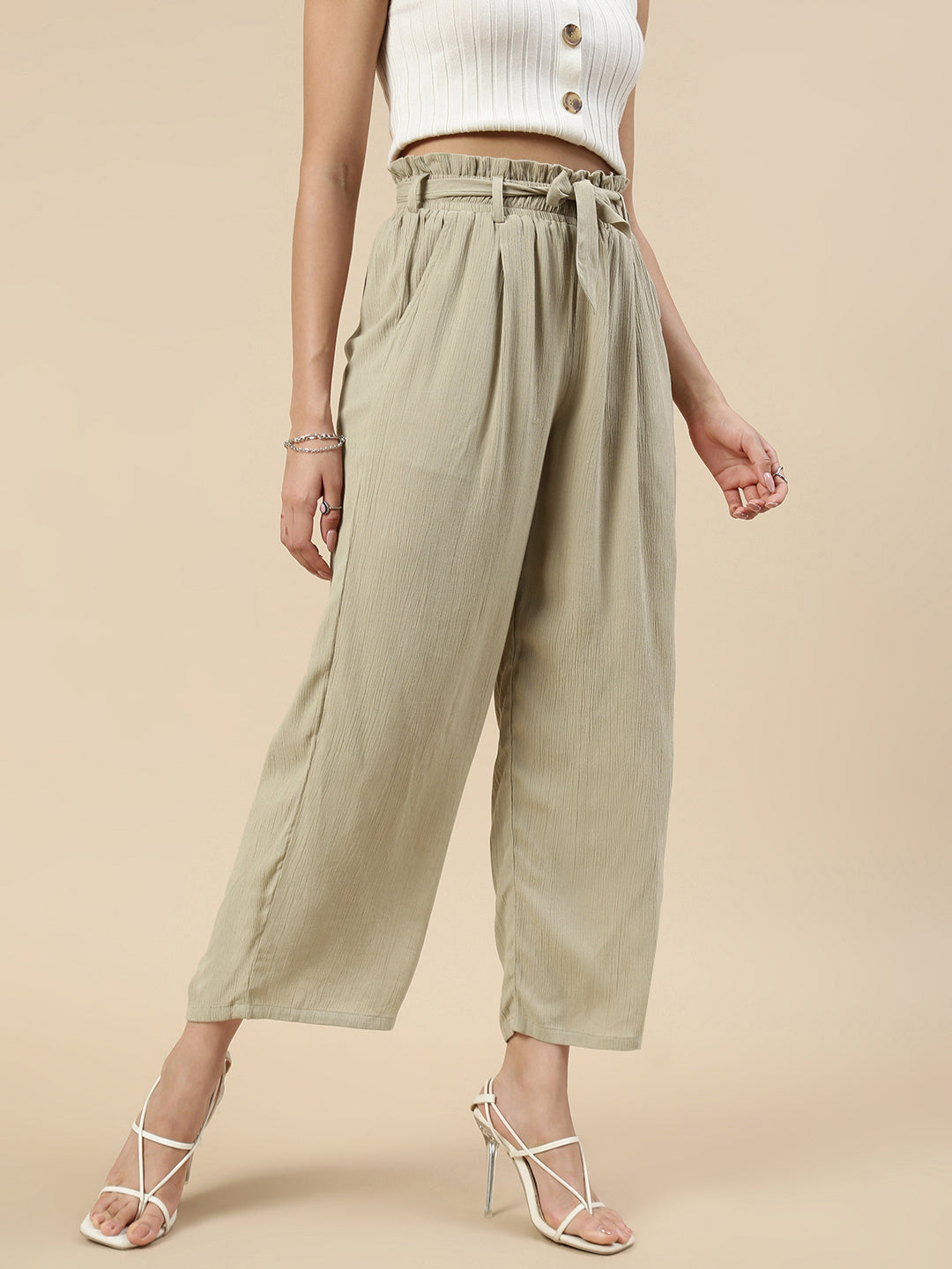 Paper Bag Tie-Up Palazzo-Golden Beige