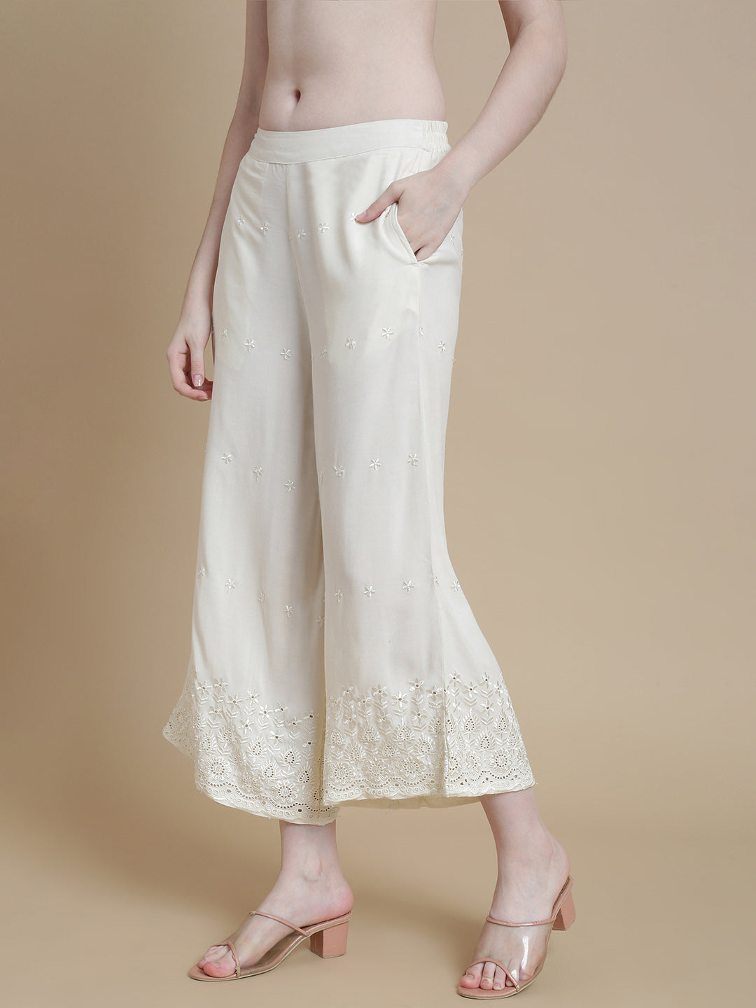 De Moza Women Woven Viscose Narrow Palazzo Schiffly with Functional Pockets White - De Moza