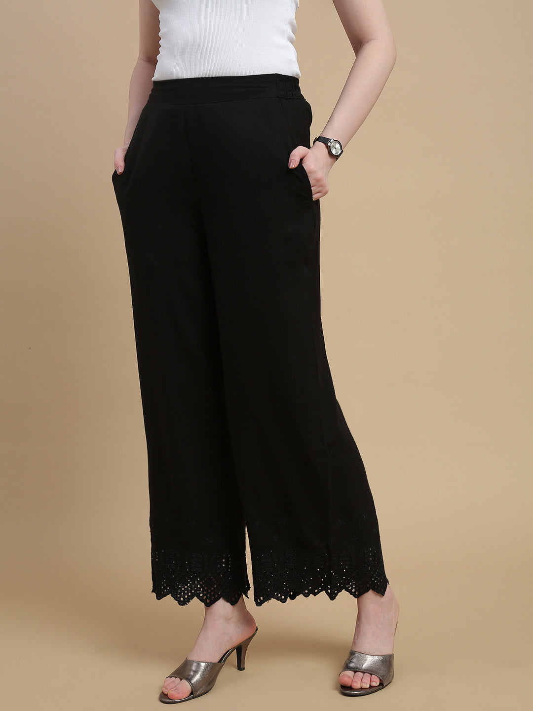 De Moza Women Woven Viscose Flex Regular Fit Schiffly Narrow Palazzo Pant with Functional Pockets Black - De Moza