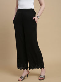 De Moza Women Woven Viscose Flex Regular Fit Schiffly Narrow Palazzo Pant with Functional Pockets Black - De Moza