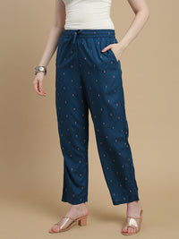 De Moza Women Woven Rayon Straight Fit Printed Straight Pant with Functional Pockets Teal Blue - De Moza