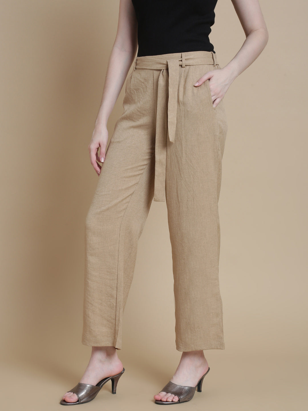 De Moza Women Woven Polyester Work wear Casual Pant with Functional Pockets Beige - De Moza