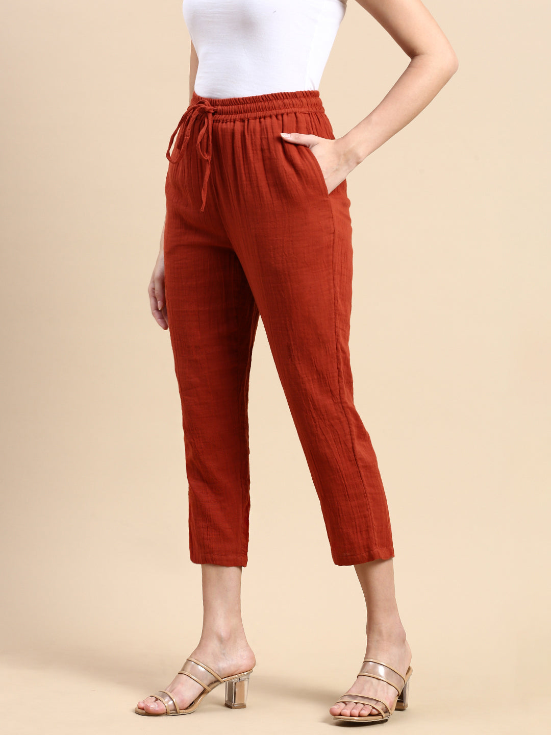 De Moza Women Straight Pants in Rust Orange