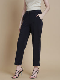 De Moza Women Woven Polyester Work wear Casual Pant with Functional Pockets Navy - De Moza