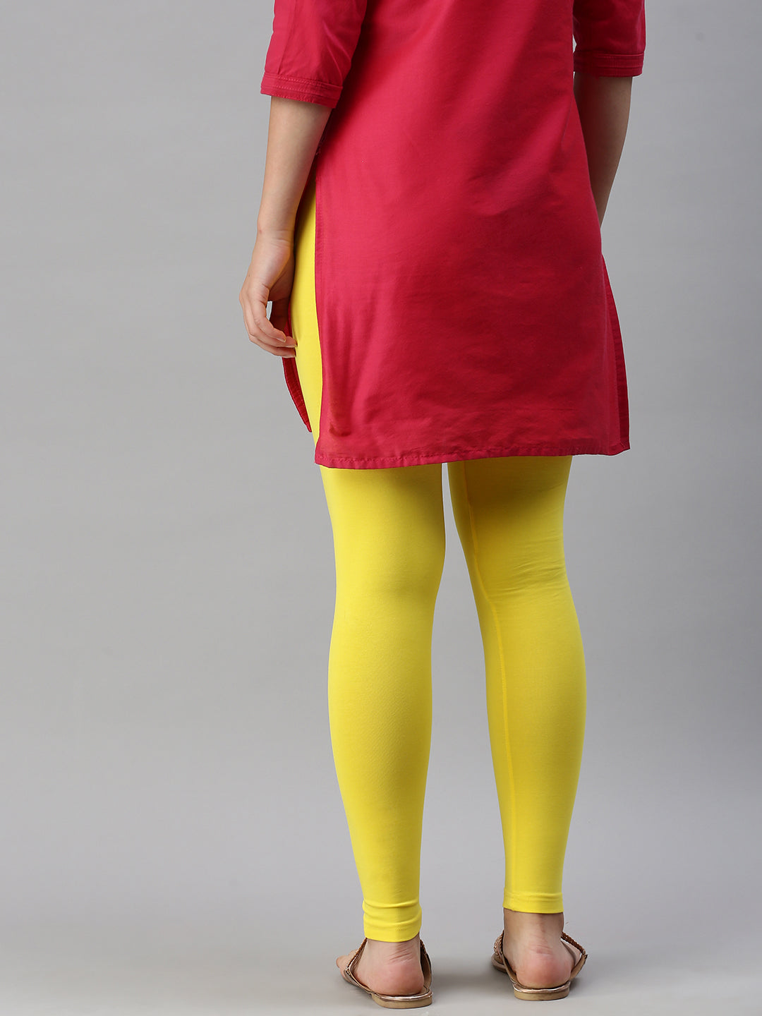 De Moza Ladies Ankle Length Leggings Solid Cotton Lemon Yellow