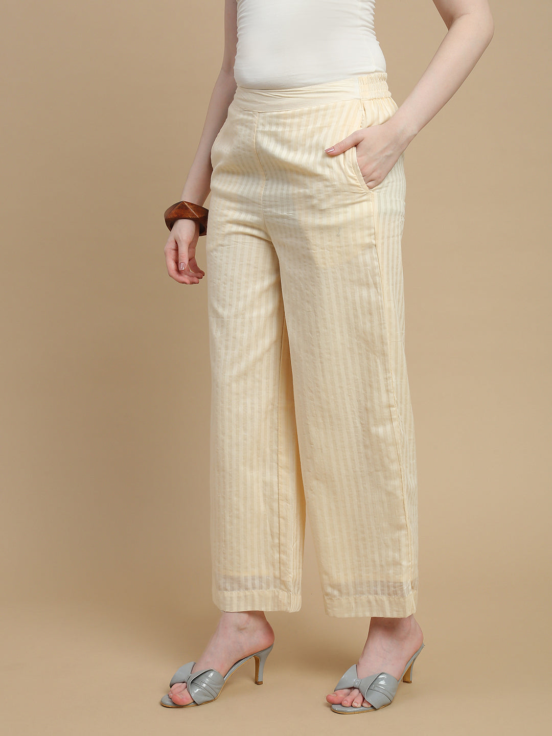 De Moza Women Woven Cotton Dobby Regular Fit Straight Palazzo Pant with Functional Pockets Chalk - De Moza