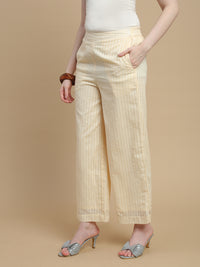 De Moza Women Woven Cotton Dobby Regular Fit Straight Palazzo Pant with Functional Pockets Chalk - De Moza
