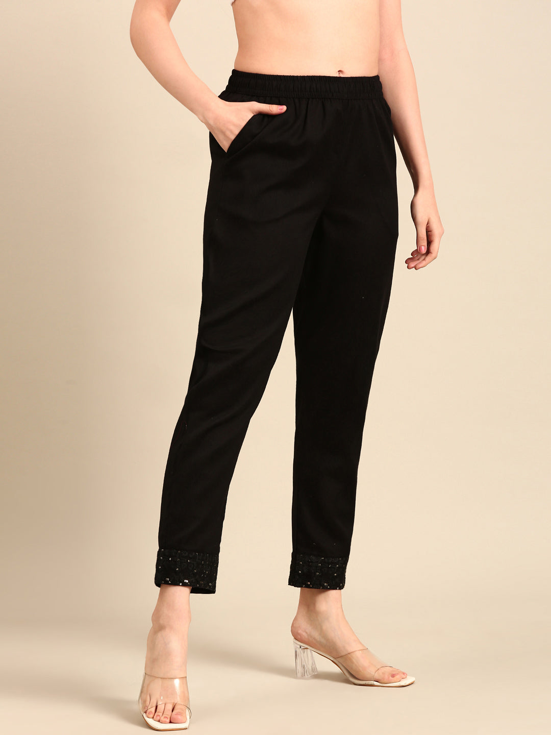Straight Pant Embroidered-Black - De Moza