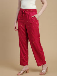 De Moza Women Woven Rayon Straight Fit Printed Straight Pant with Functional Pockets Fuchsia - De Moza