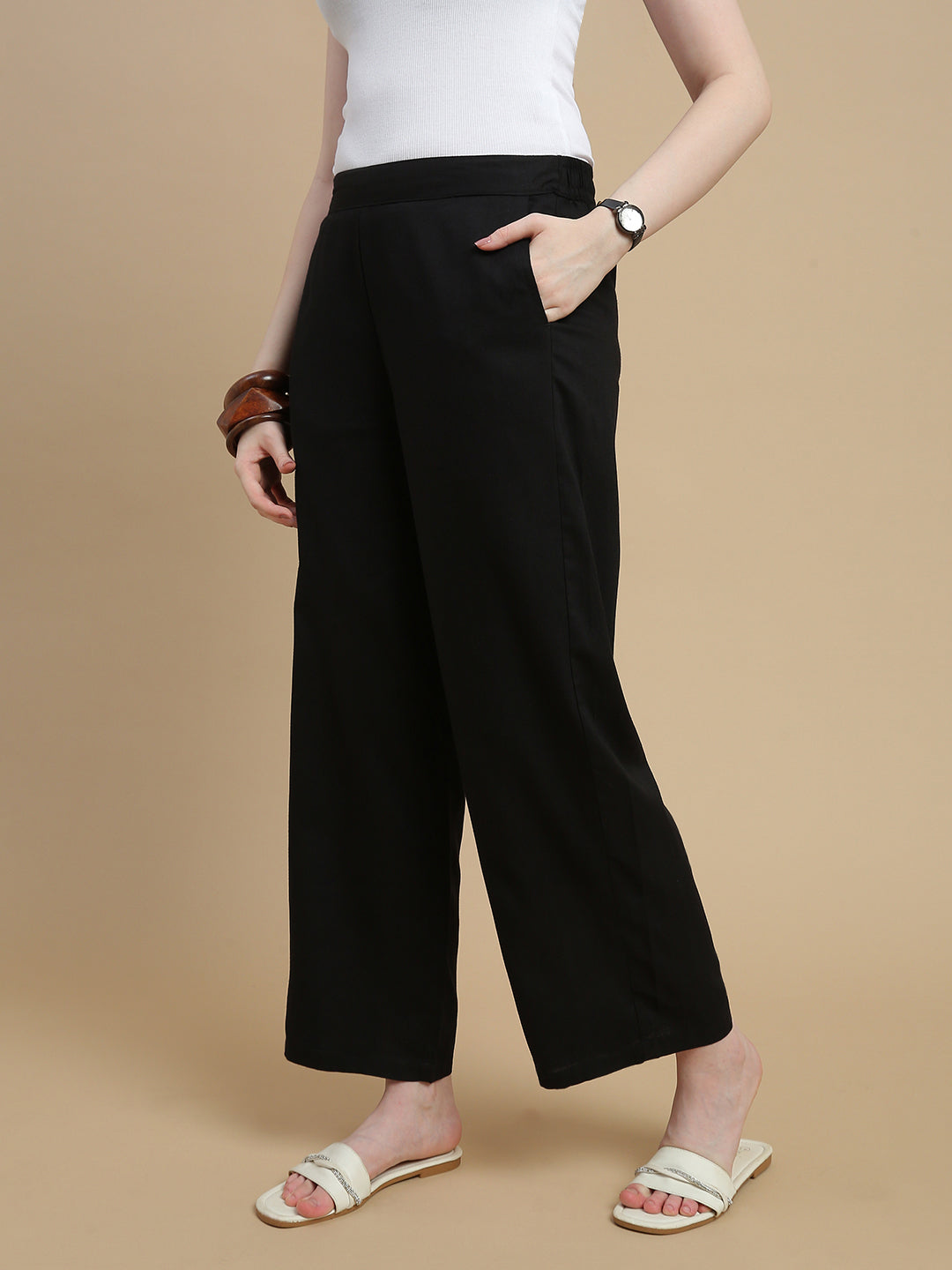 De Moza Women Viscose  Palazzo Pant with Functional Pockets Black - De Moza