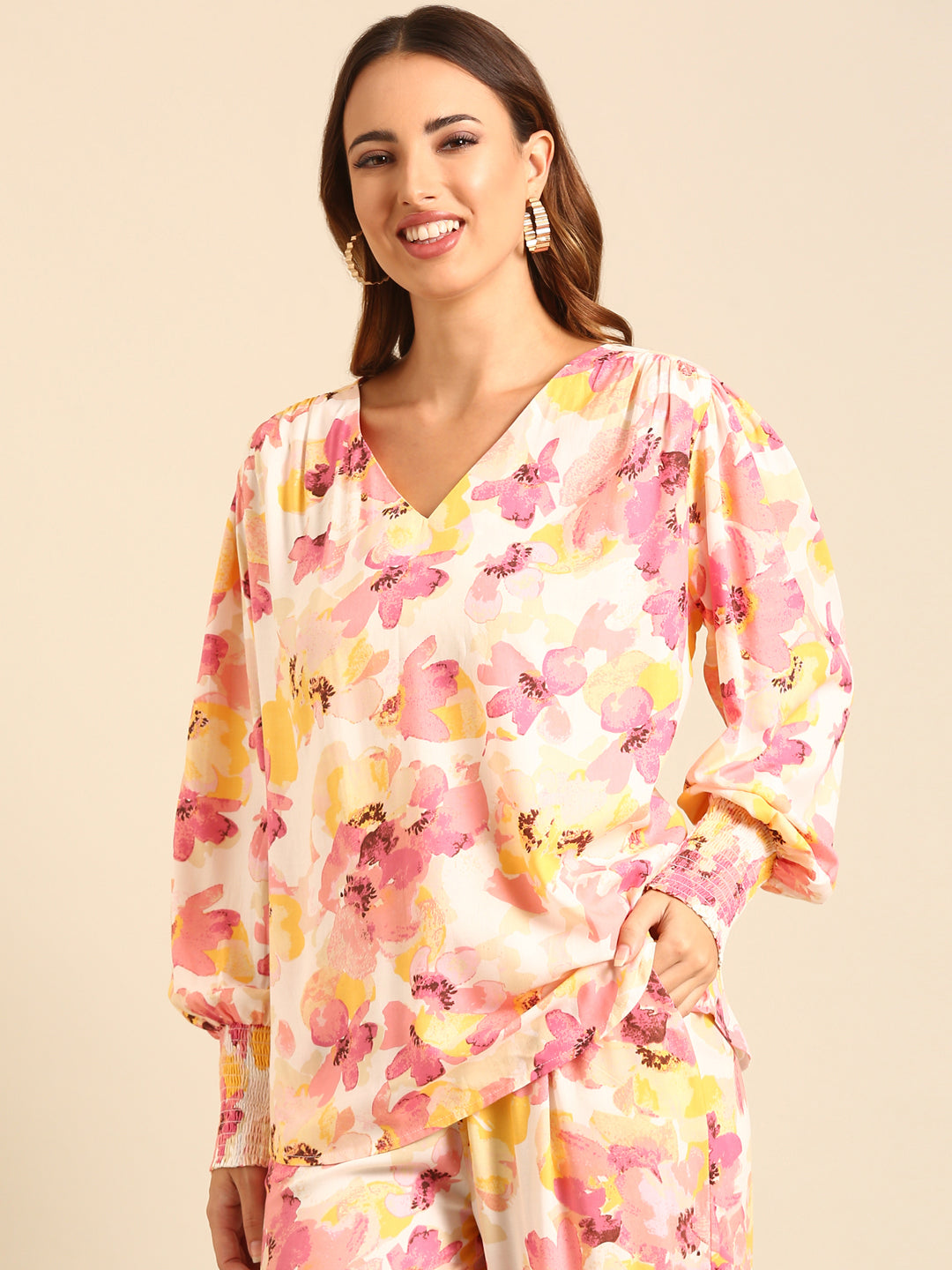 Co-Ord Set Floral Print (Casual Top & Palazzo)-Pink - De Moza