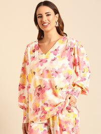 Co-Ord Set Floral Print (Casual Top & Palazzo)-Pink - De Moza