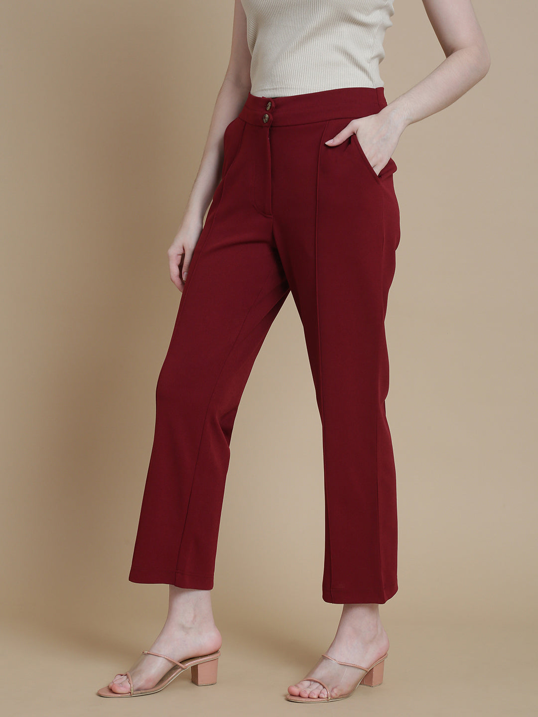 De Moza Women Woven Polyester Work wear Casual Pant with Functional Pockets Burgundy - De Moza