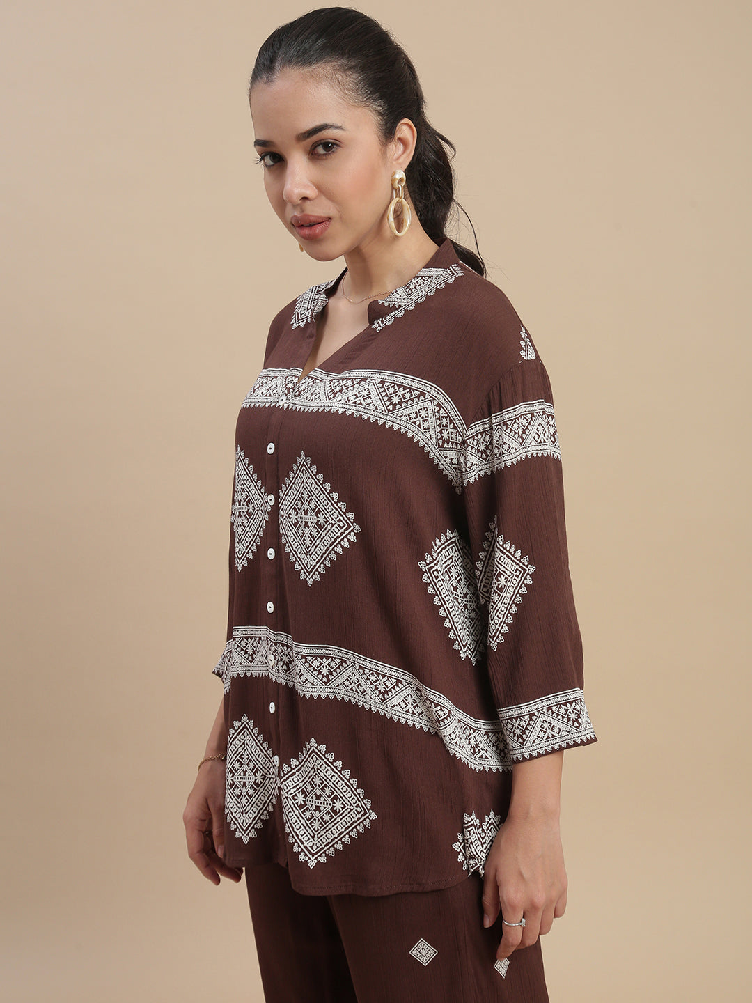 De Moza Women's Officewear Co-ords (Shirt & Straight Palazzo) Dark Brown - De Moza