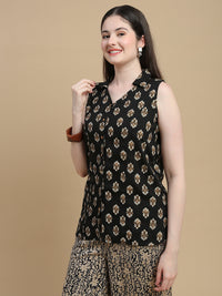 De Moza Women Woven Rayon Regular Fit Printed Sleeveless Top with Collared Neck Black - De Moza