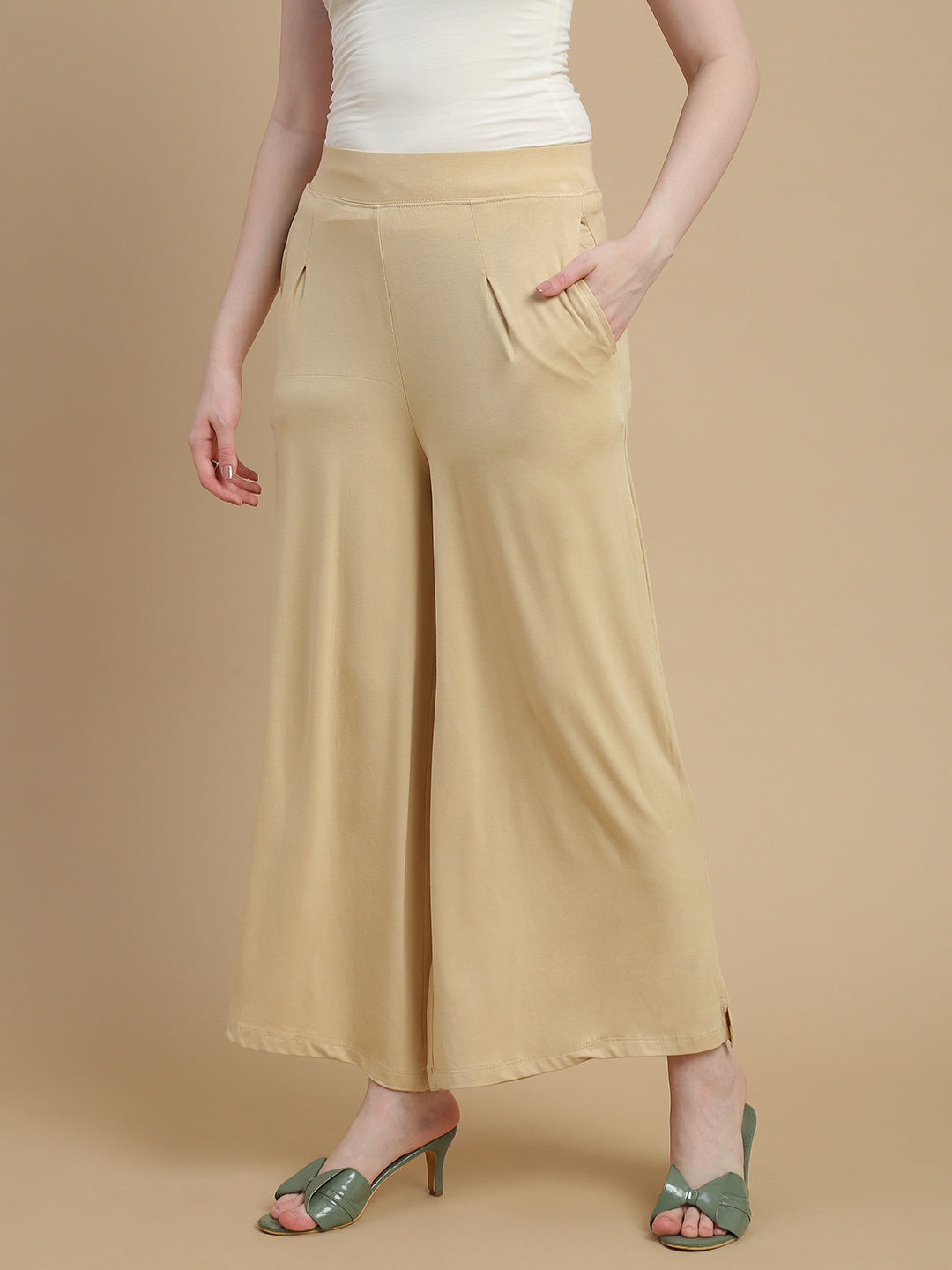 De Moza Women Knitted Viscose Stretch Large Pleated Palazzo Pant with Functional Pockets Light Beige - De Moza