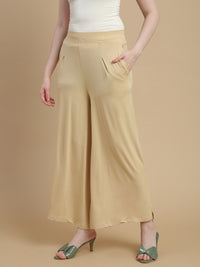 De Moza Women Knitted Viscose Stretch Large Pleated Palazzo Pant with Functional Pockets Light Beige - De Moza