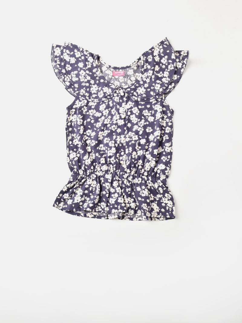 De Moza Girls Printed Top Dark Blue