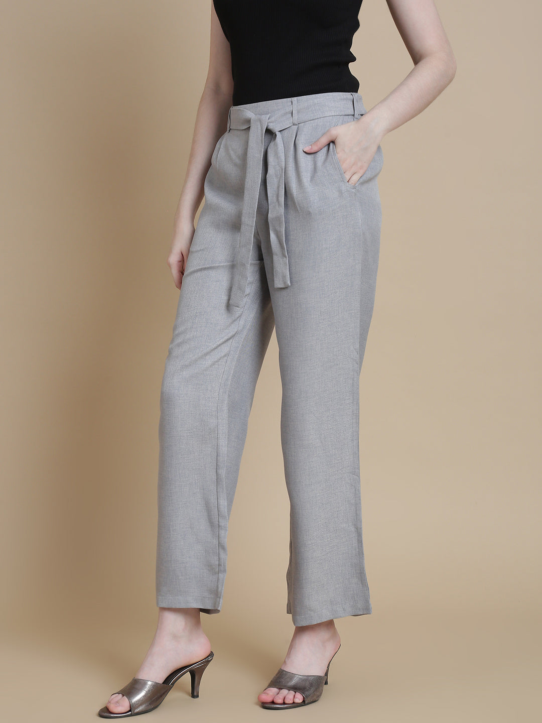 De Moza Women Woven Polyester Work wear Casual Pant with Functional Pockets Grey - De Moza